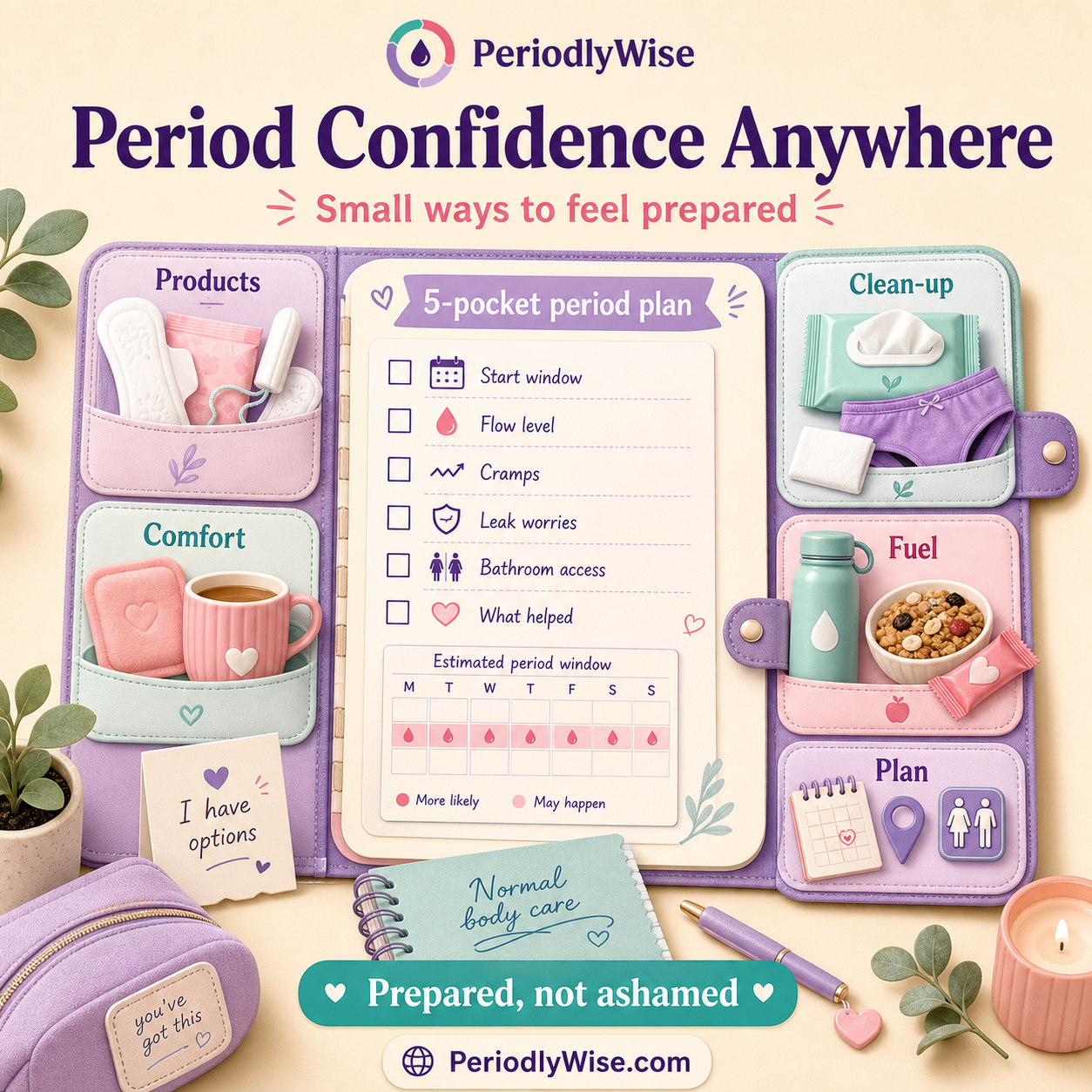PeriodlyWise infographic titled Period Confidence Anywhere showing a five-pocket period plan with products, comfort, clean-up, fuel, planning, start window, flow level, cramps, leak worries, bathroom access, what helped, and a prepared not ashamed message
