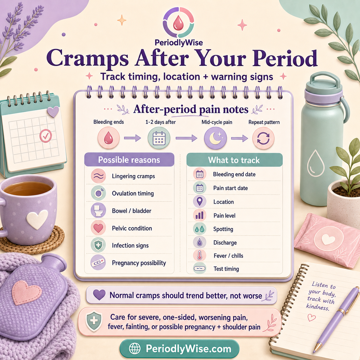 PeriodlyWise visual guide about period cramps after period with timing, pain location, flow, pregnancy possibility, infection signs, and when to seek care