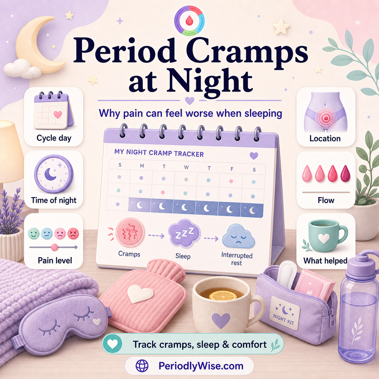 PeriodlyWise illustration about period cramps at night with cycle day, time of night, pain level, location, flow, comfort, and sleep tracking labels
