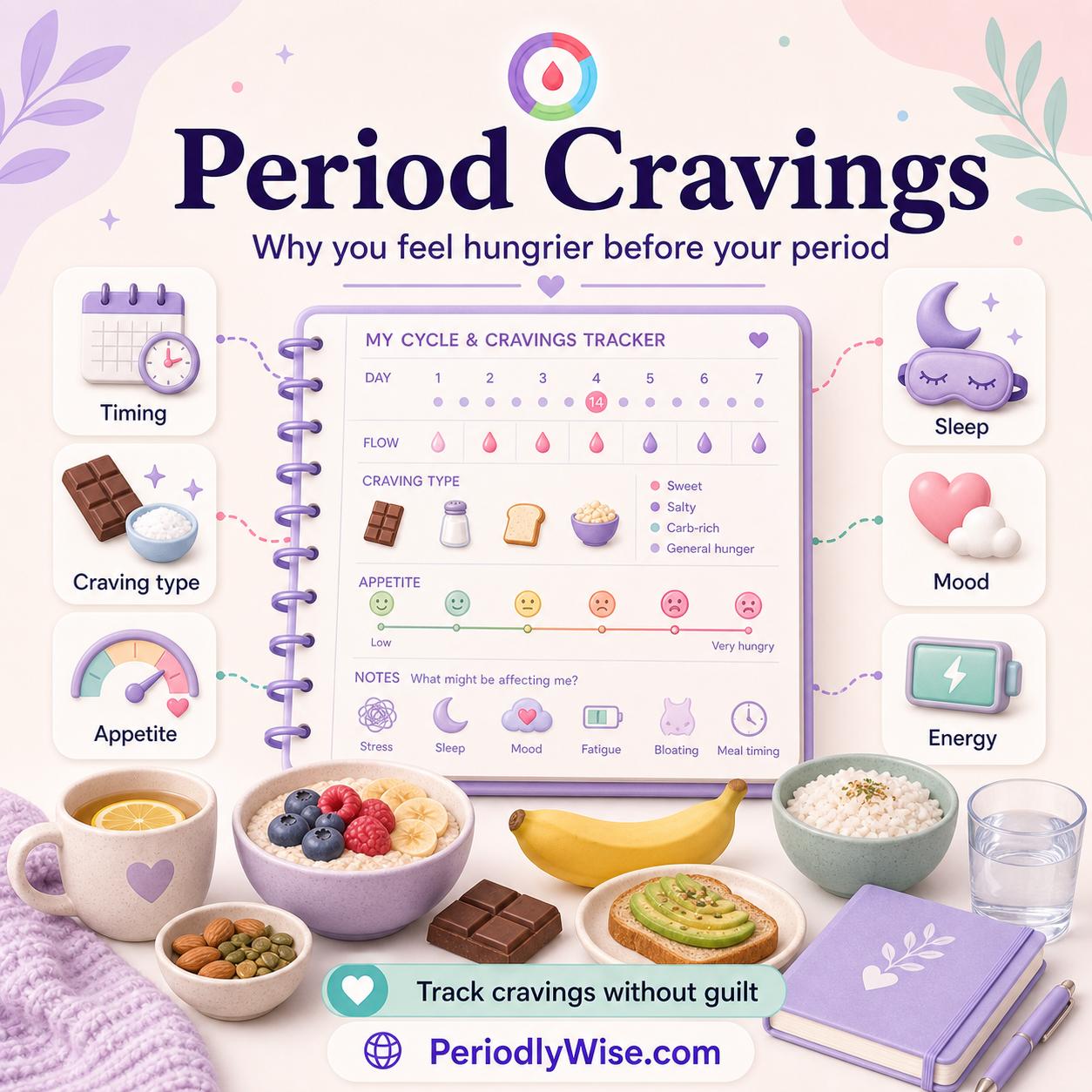 PeriodlyWise illustration about period cravings with timing, craving type, appetite, sleep, mood, energy, and cycle tracking labels