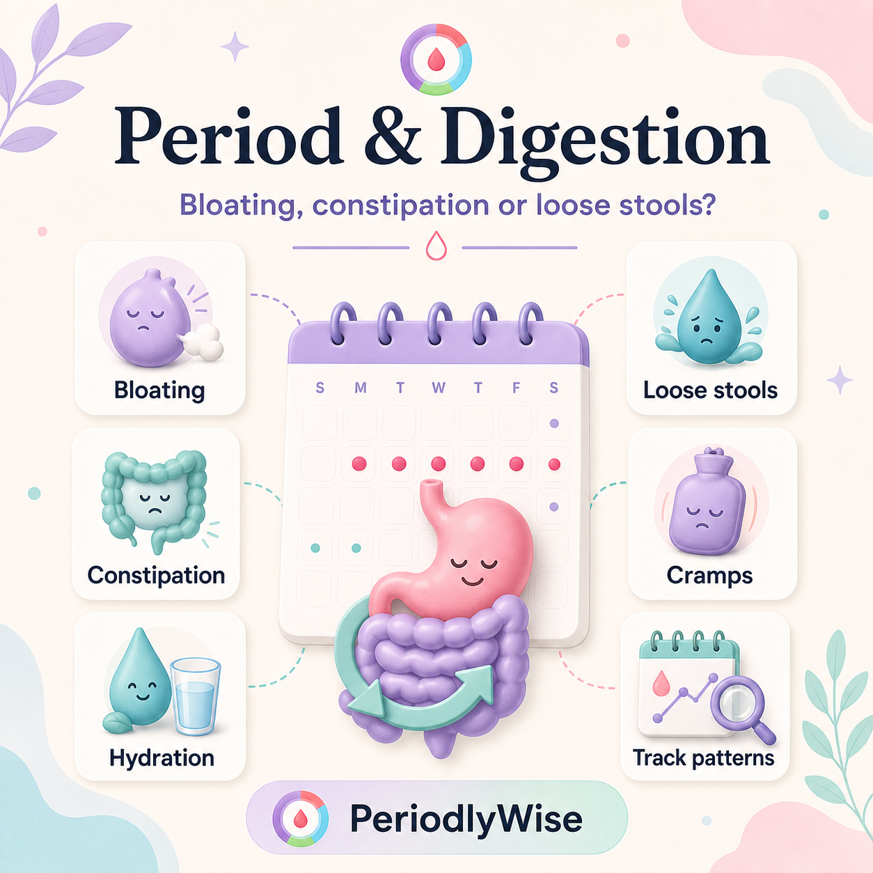 PeriodlyWise illustration about period digestion symptoms including bloating, constipation, loose stools, cramps, hydration, and pattern tracking