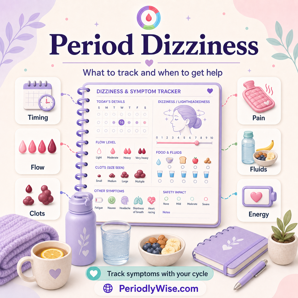 PeriodlyWise illustration about period dizziness with timing, flow, clots, pain, fluids, energy, and symptom tracking labels