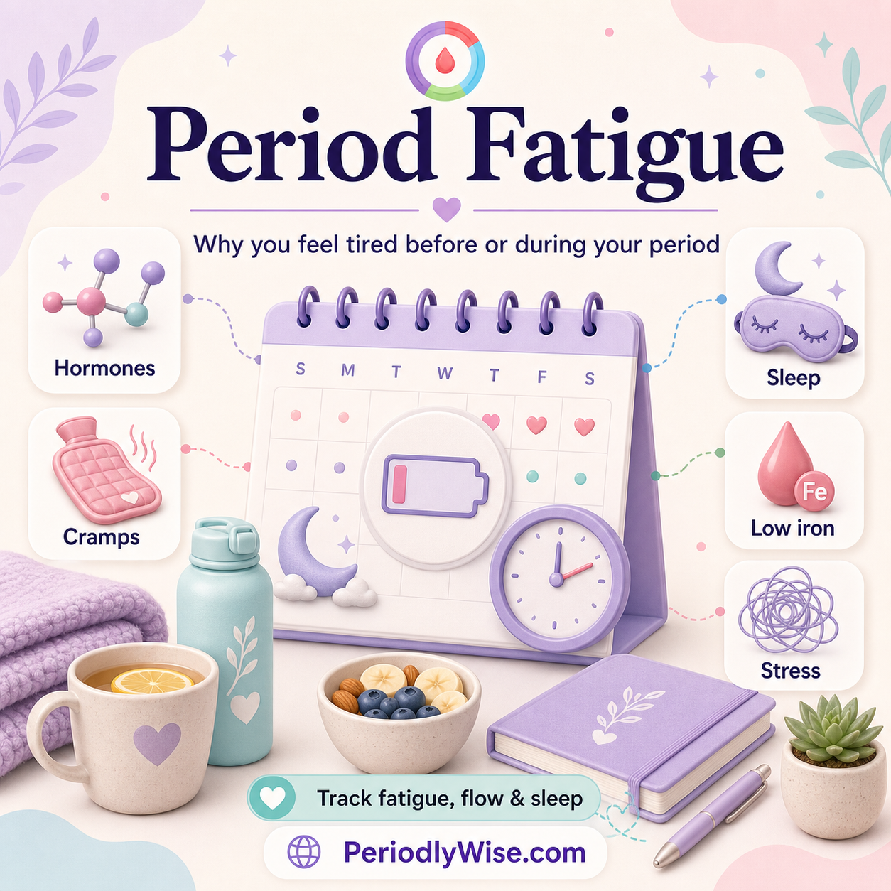 PeriodlyWise illustration about period fatigue showing hormones, cramps, sleep, low iron, stress, hydration, and cycle tracking