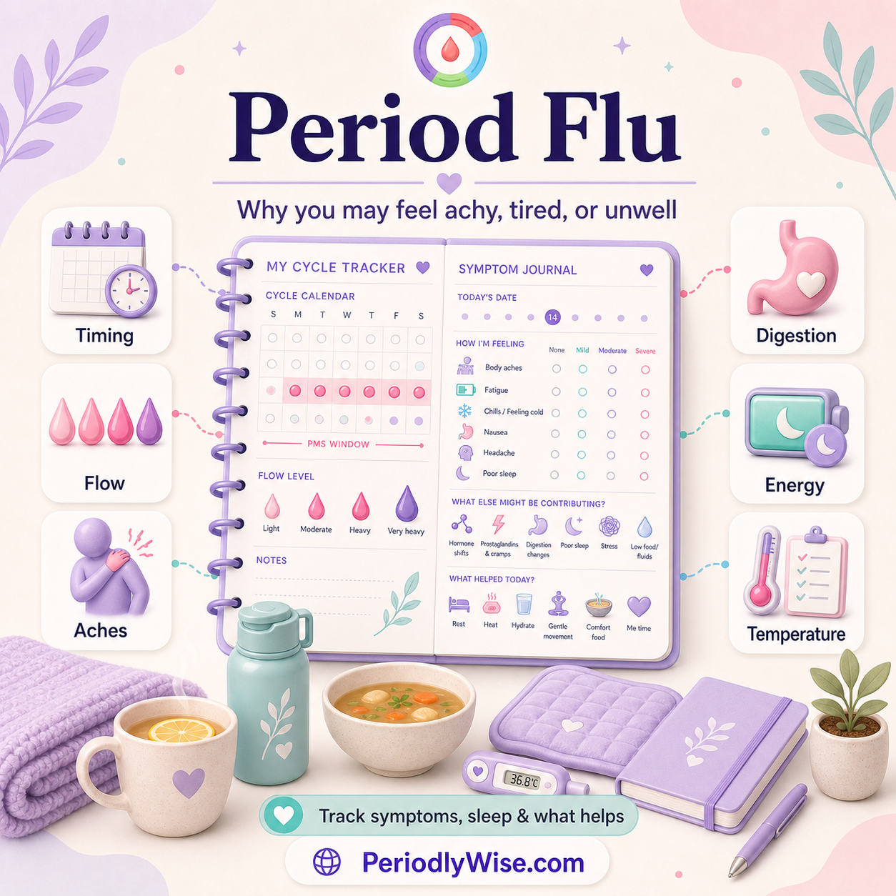 PeriodlyWise illustration about period flu with timing, flow, aches, digestion, energy, temperature, sleep, and symptom tracking labels