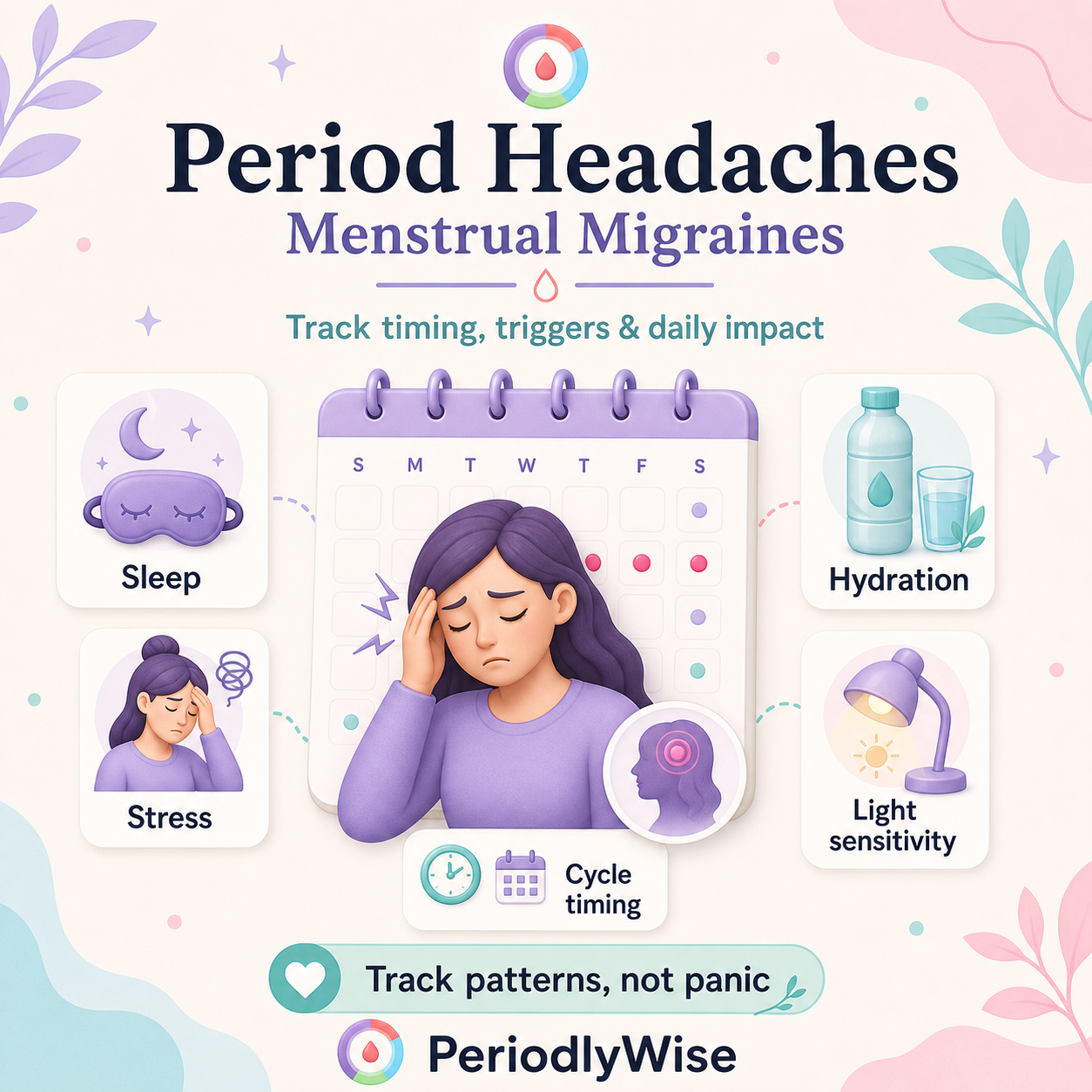 PeriodlyWise illustration about period headaches and menstrual migraines with sleep, stress, hydration, light sensitivity, and cycle timing labels