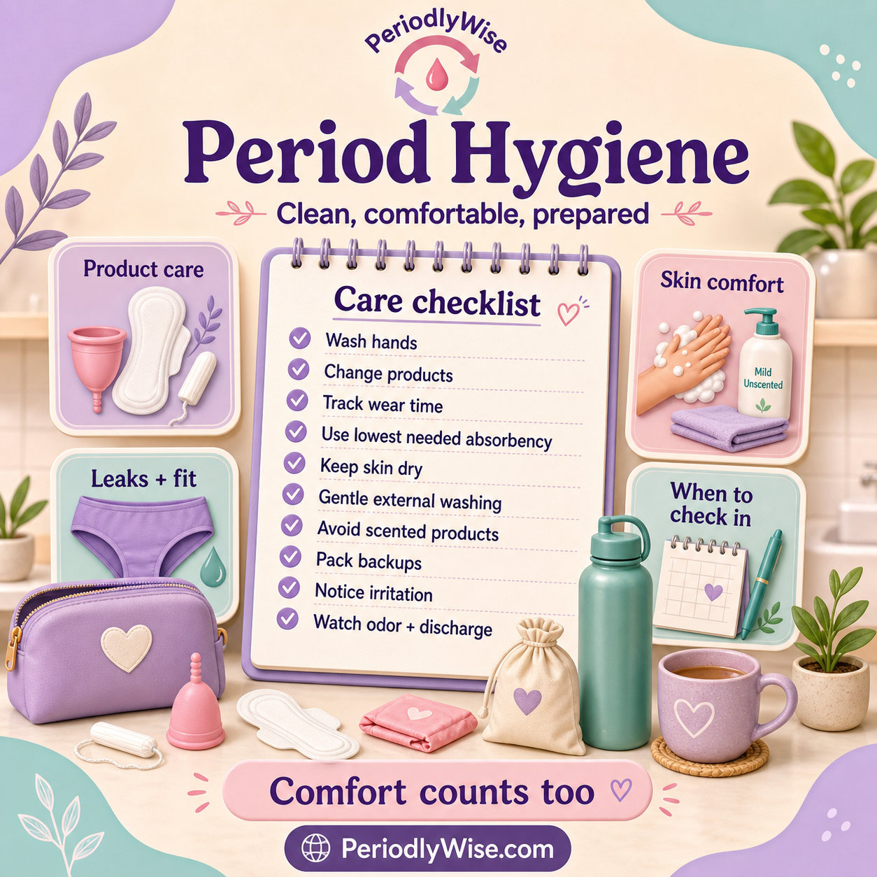 PeriodlyWise infographic about period hygiene with handwashing, changing products, tracking wear time, using the lowest needed absorbency, gentle external washing, avoiding scented products, backup supplies, irritation, odor, discharge, and check-in signs