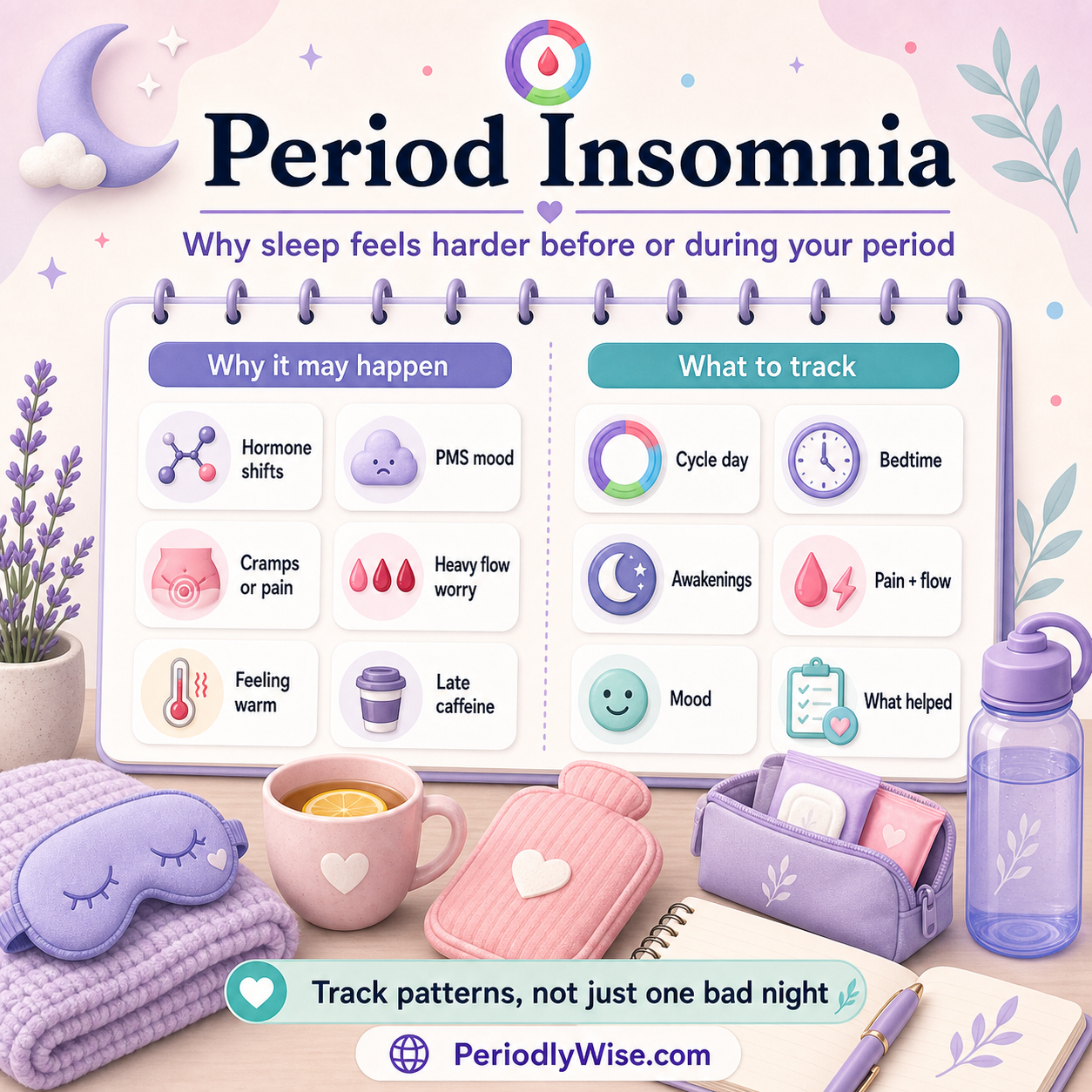 PeriodlyWise illustration about period insomnia with hormone shifts, PMS mood, cramps, heavy flow worry, feeling warm, caffeine, cycle day, bedtime, awakenings, pain, flow, mood, and sleep tracking labels