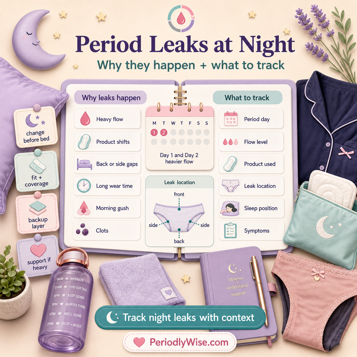 PeriodlyWise illustration about period leaks at night with heavy flow, product shifts, back or side gaps, long wear time, morning gushes, clots, period day, flow level, product used, leak location, sleep position, and symptoms tracking labels