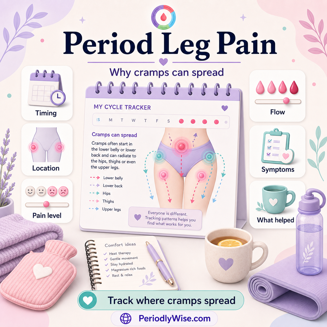 PeriodlyWise illustration about period leg pain showing timing, location, pain level, flow, symptoms, and what helped tracking labels