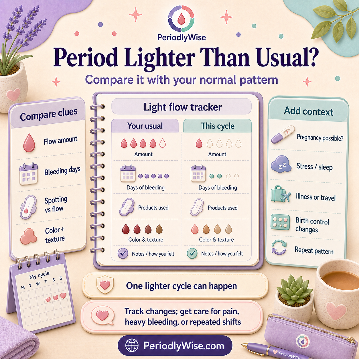 PeriodlyWise visual guide about a lighter period than usual with flow amount, days of bleeding, spotting, pregnancy possibility, stress, illness, birth control, thyroid signs, and what to track