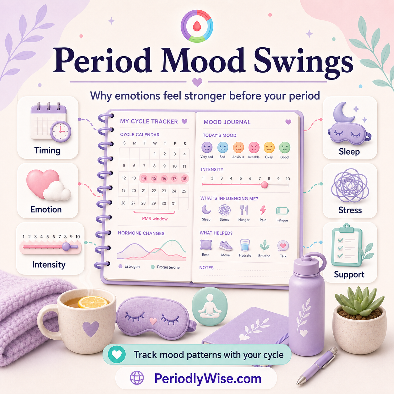 PeriodlyWise illustration about period mood swings with timing, emotions, intensity, sleep, stress, support, and cycle tracking labels