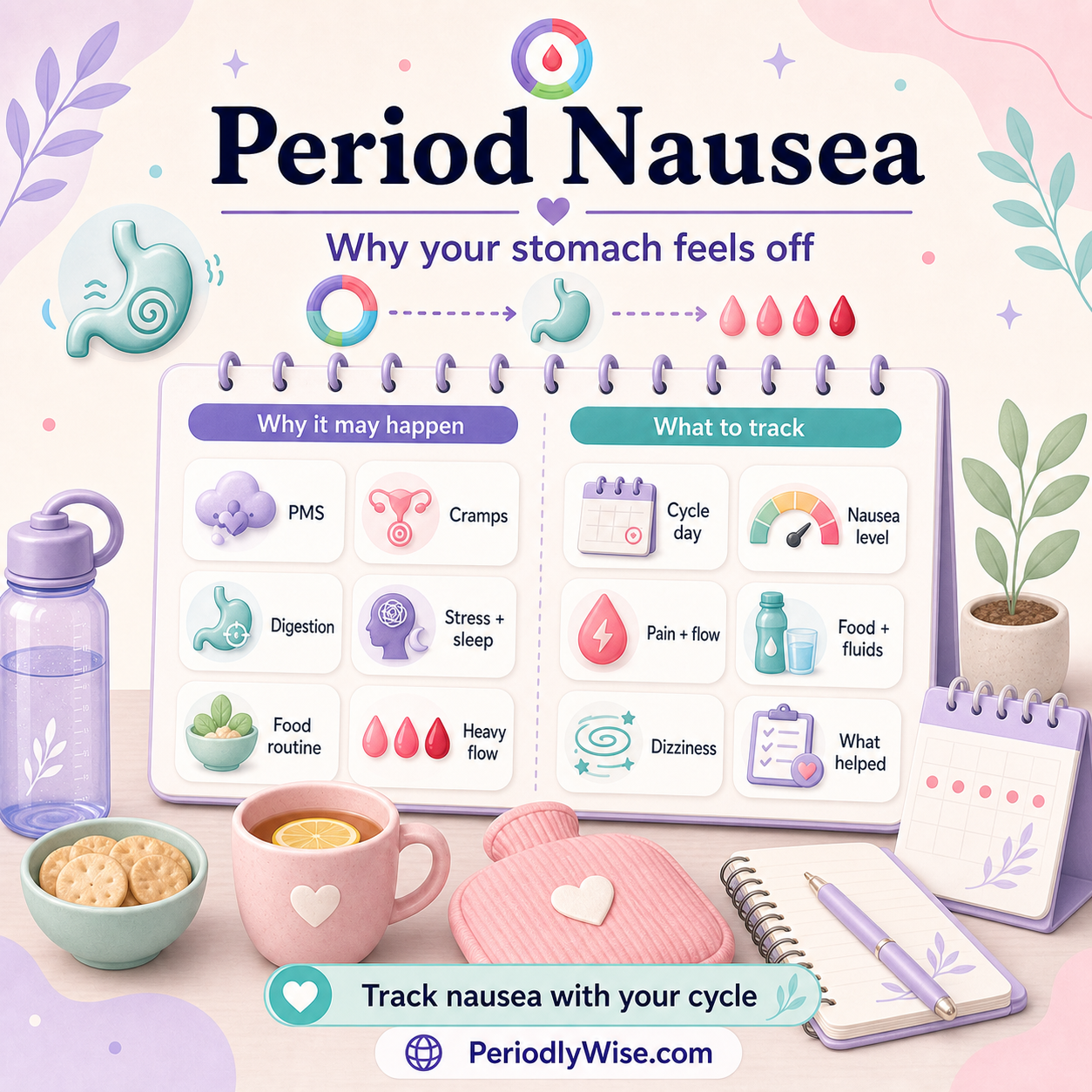 PeriodlyWise illustration about period nausea with PMS, cramps, digestion, stress, sleep, food routine, heavy flow, cycle day, nausea level, pain, flow, food, fluids, dizziness, and what helped tracking labels