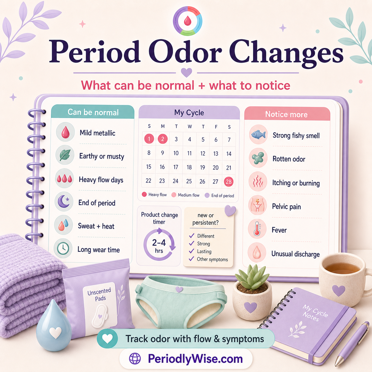 PeriodlyWise illustration about period odor changes with normal mild metallic, earthy or musty smells, heavy flow days, end of period, sweat and heat, long wear time, strong fishy smell, rotten odor, itching, burning, pelvic pain, fever, and unusual discharge tracking labels
