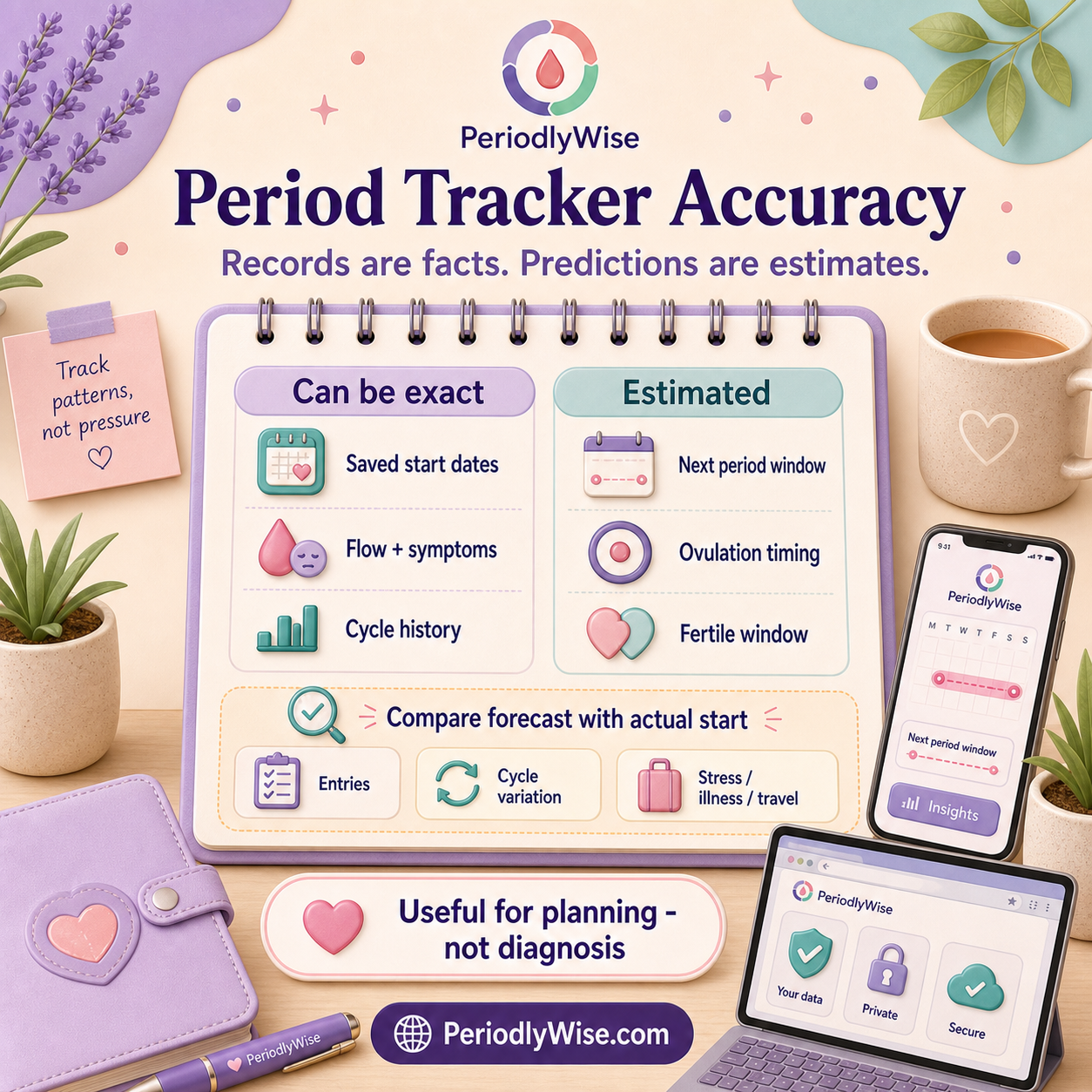 PeriodlyWise informative visual comparing accurate period records, estimated period windows, less certain ovulation timing, prediction error, cycle variability, and medical limits