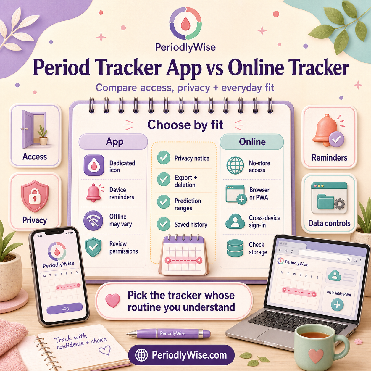PeriodlyWise infographic comparing a period tracker app and an online tracker across access, reminders, permissions, privacy notices, saved history, browser or PWA use, cross-device sign-in, storage, export, deletion, and prediction ranges