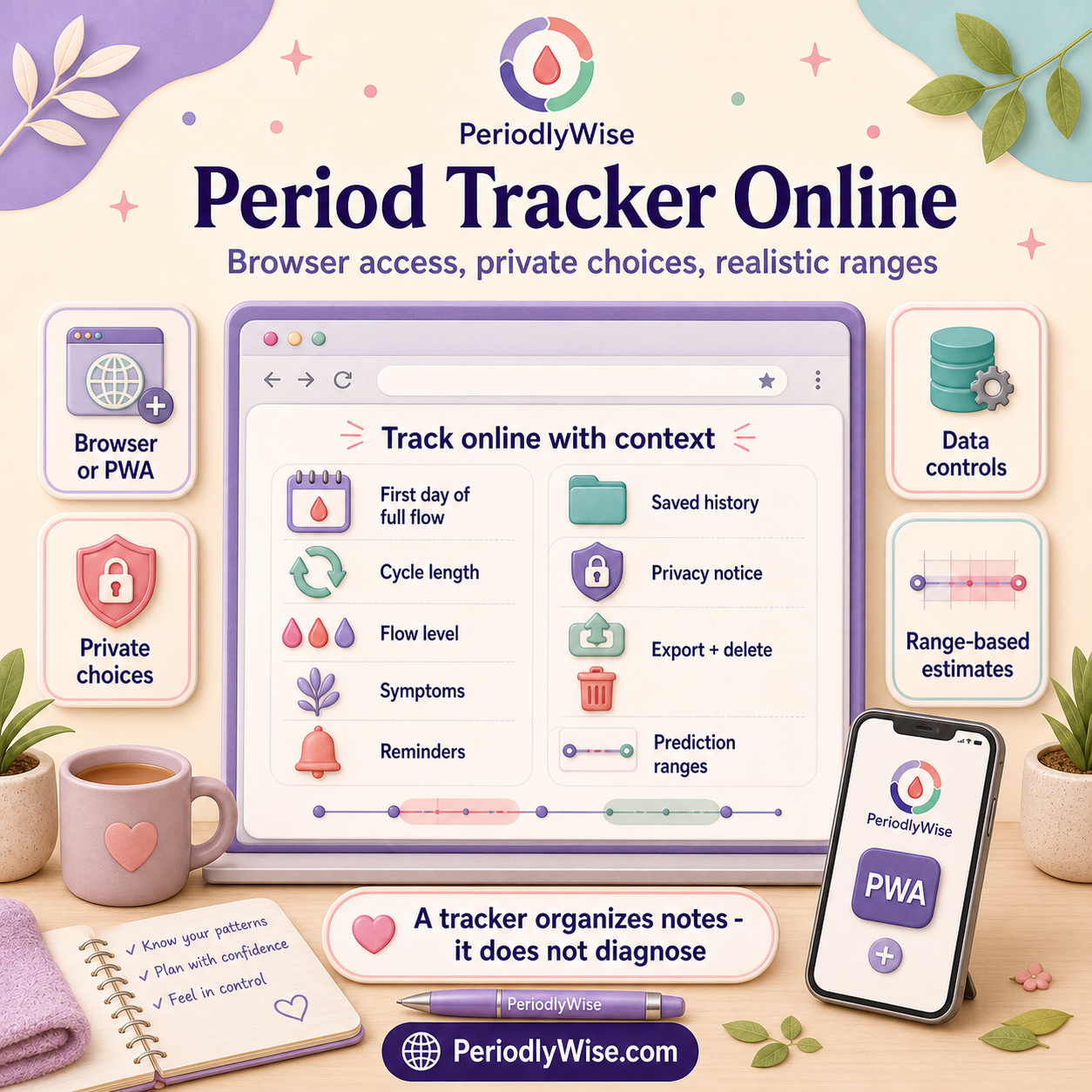 PeriodlyWise visual guide showing an online period tracker with browser access, start date, cycle length, flow, symptoms, privacy controls, saved history, export and deletion, reminders, and prediction ranges