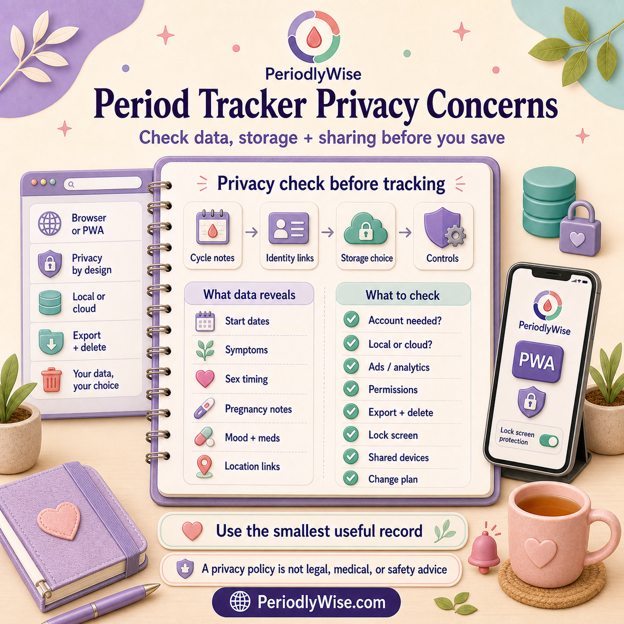 PeriodlyWise visual guide about period tracker privacy concerns with data storage, account use, cloud sync, ads, analytics, permissions, sharing, deletion, export, app lock, and privacy questions