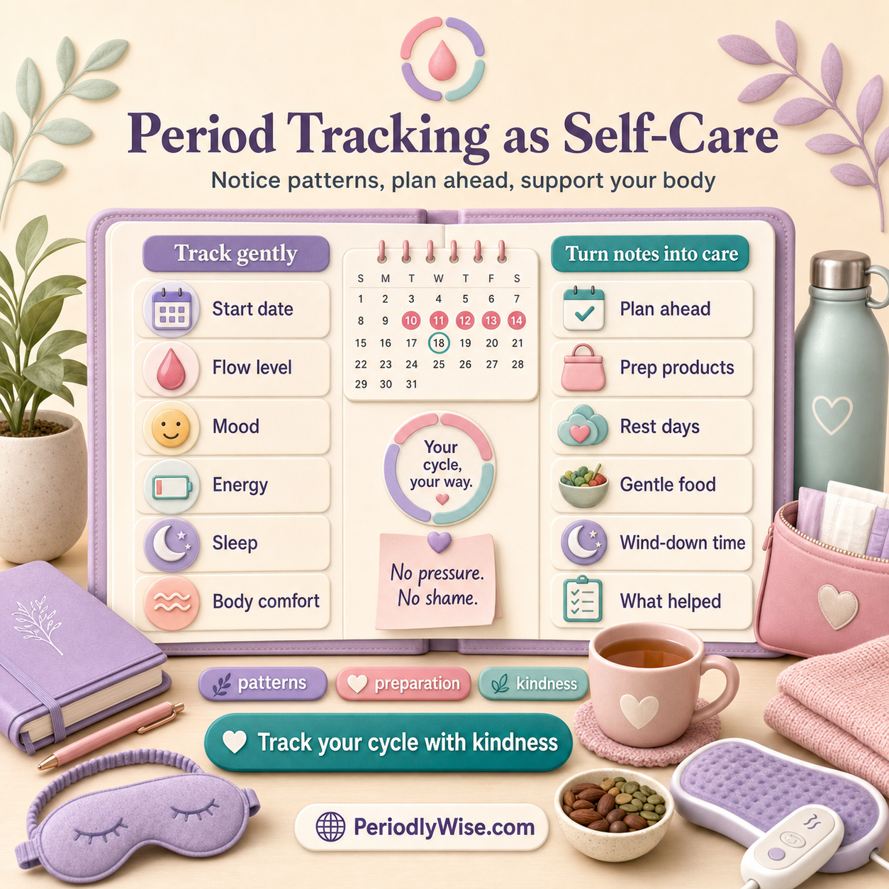 PeriodlyWise illustration about period tracking as self-care with gentle tracking, start date, flow level, mood, energy, sleep, body comfort, plan ahead, prep products, rest days, gentle food, wind-down time, what helped, and no pressure no shame labels