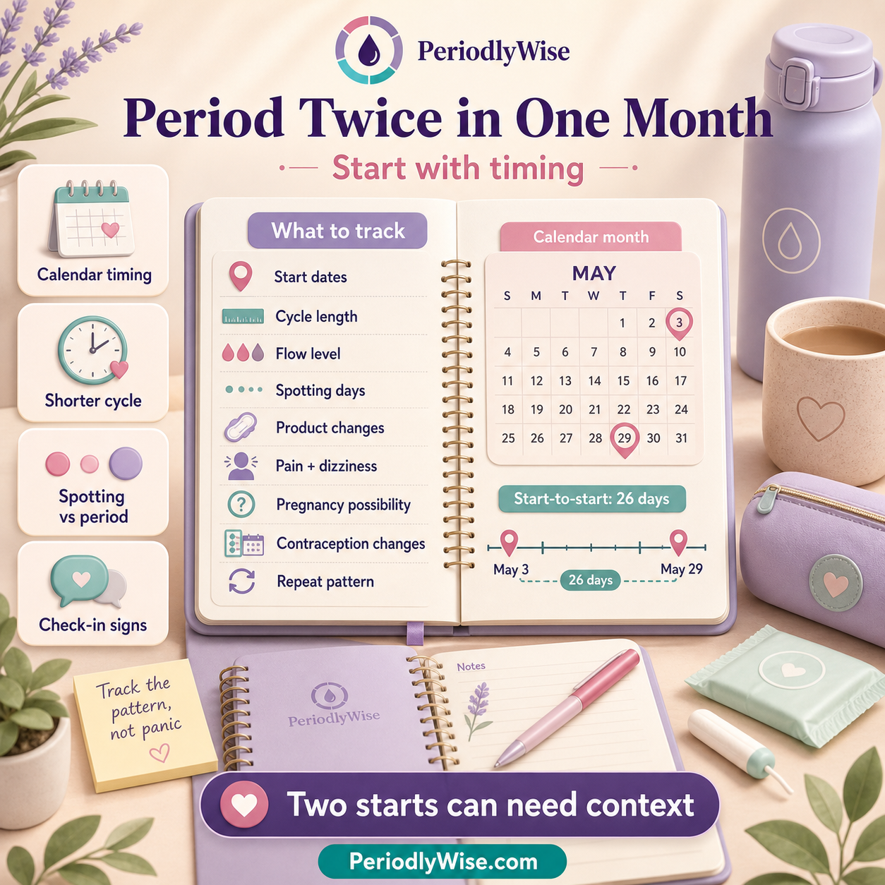 PeriodlyWise infographic about having a period twice in one month with calendar timing, short cycles, spotting, flow level, symptoms, pregnancy possibility, contraception changes, and what to track
