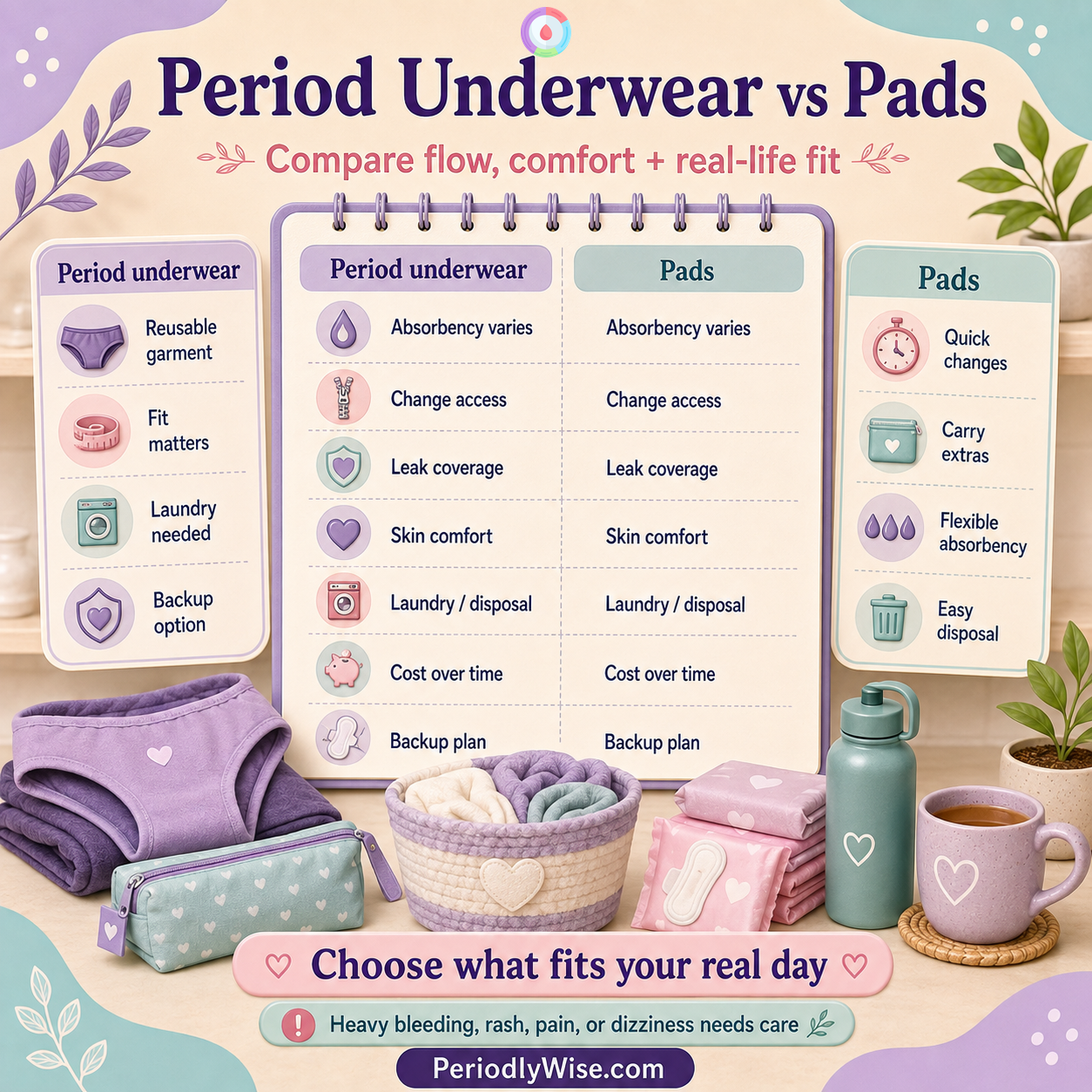 PeriodlyWise guide comparing period underwear and menstrual pads
