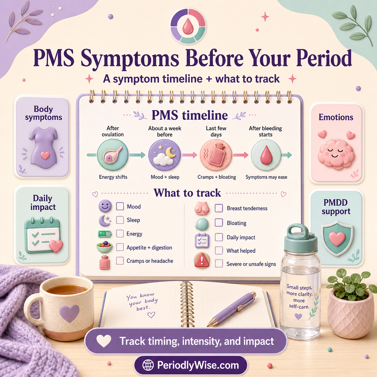 PeriodlyWise infographic showing a PMS timeline from after ovulation to the start of bleeding and a checklist for mood, sleep, energy, appetite, digestion, cramps, headache, breast tenderness, bloating, daily impact, what helped, and severe or unsafe signs