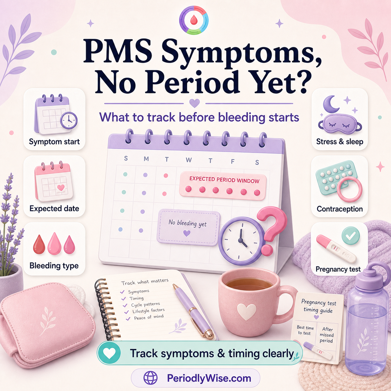 PeriodlyWise illustration about PMS symptoms with no period yet, including symptom start, expected date, bleeding type, stress, sleep, contraception, and pregnancy test tracking labels