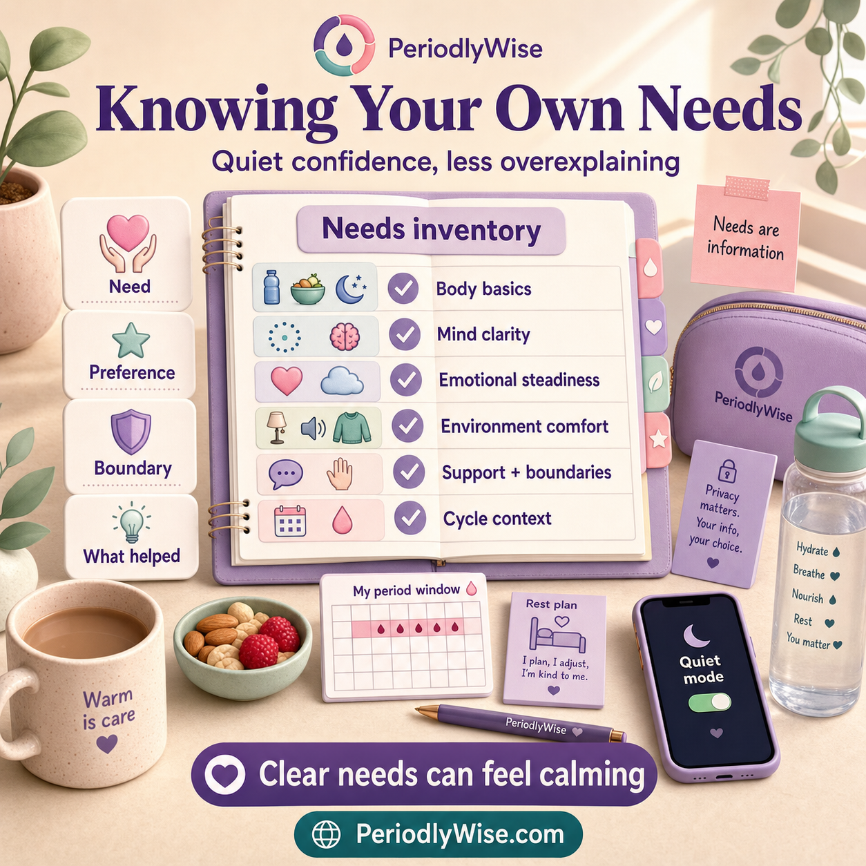 PeriodlyWise infographic about knowing your own needs, showing body cues, rest, food, privacy, cycle timing, support, boundaries, and what helped