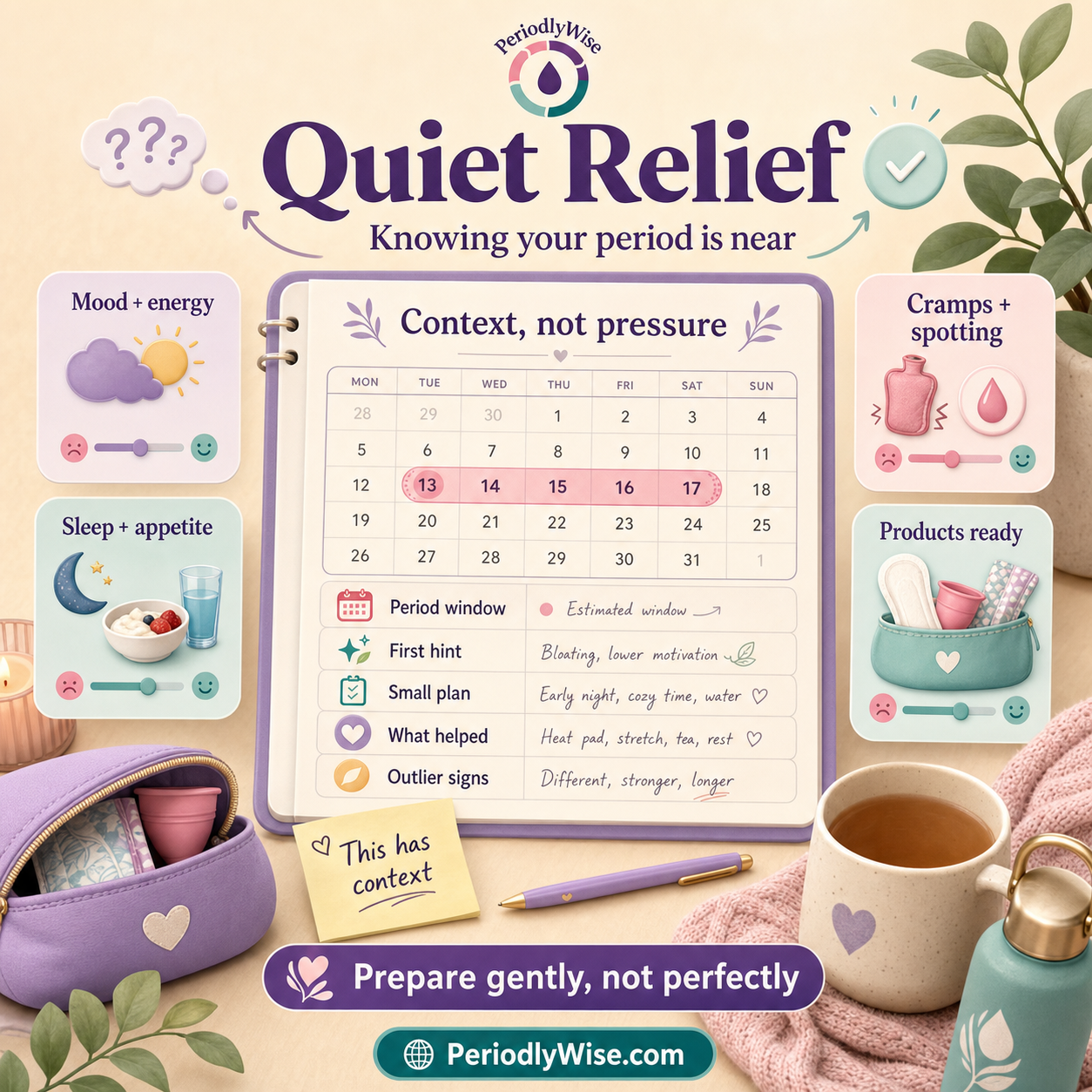 PeriodlyWise infographic about the quiet relief of knowing your period is near, showing cycle context, a period window, mood, energy, sleep, appetite, cramps, spotting, product readiness, and gentle preparation