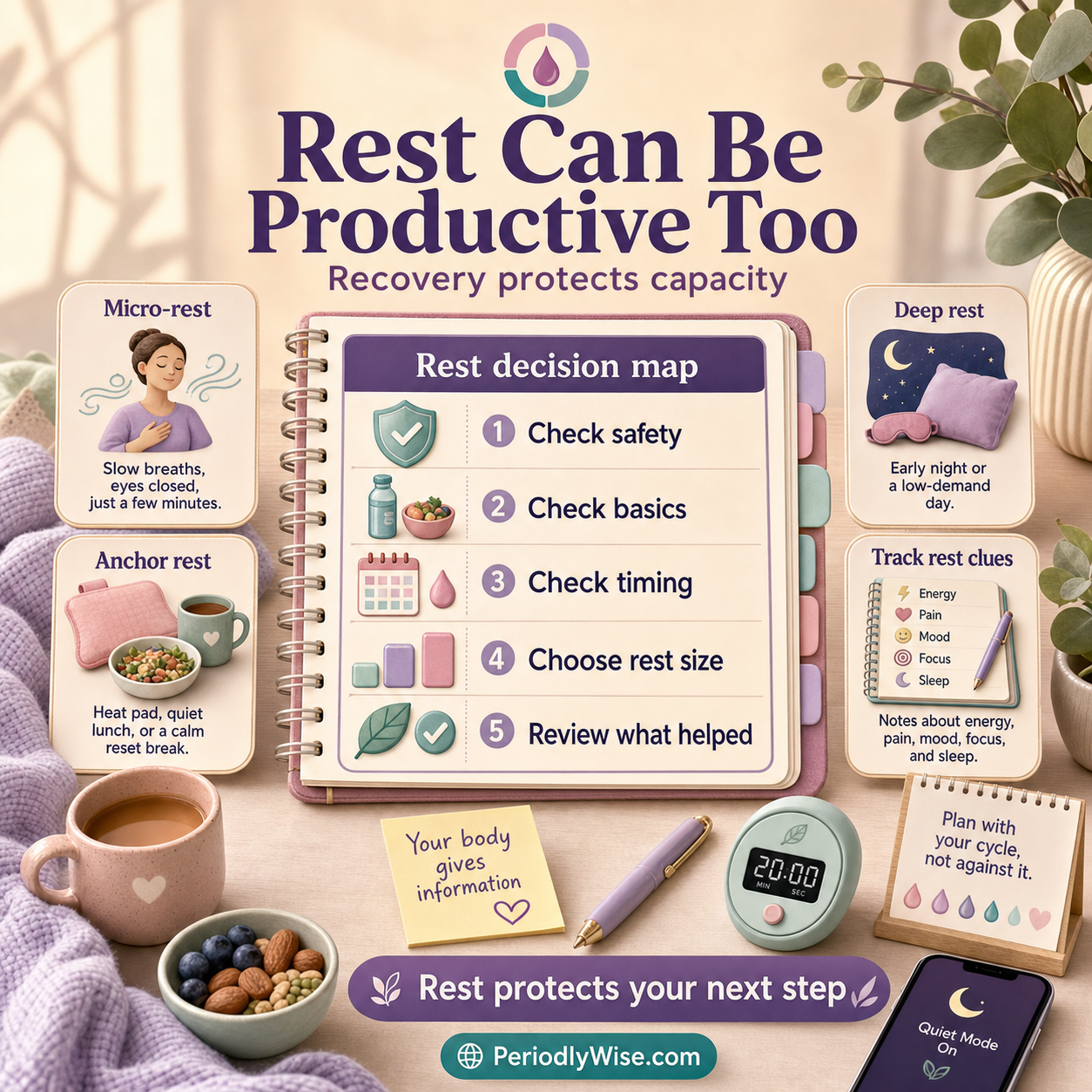 PeriodlyWise infographic about rest as a productive choice, showing energy, focus, cycle timing, body comfort, stress, sleep, and what kind of rest helped