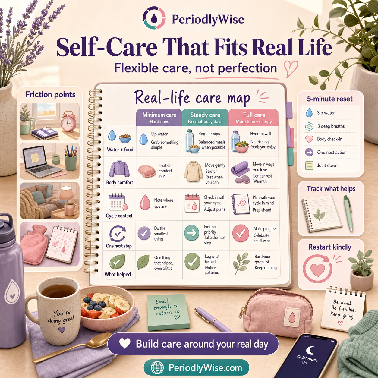 PeriodlyWise infographic titled Self-Care for Real Life showing water, food, rest, body comfort, cycle context, period products, support, energy, and small reset options for a flexible routine