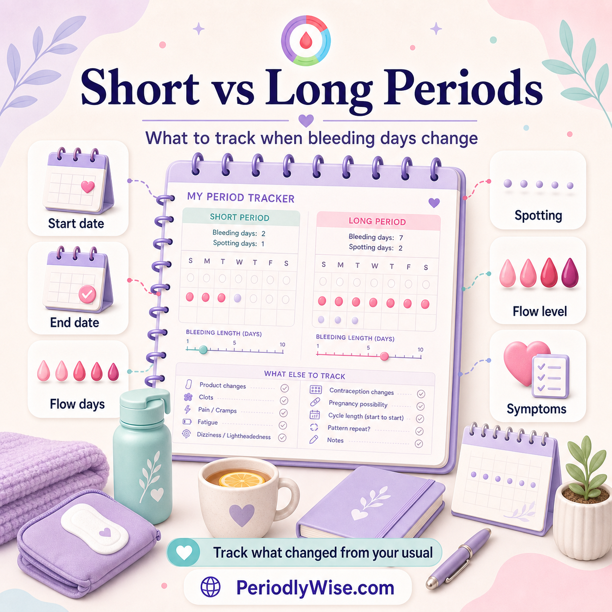 PeriodlyWise illustration about short versus long periods with start date, end date, flow days, spotting, flow level, symptoms, and cycle tracking labels