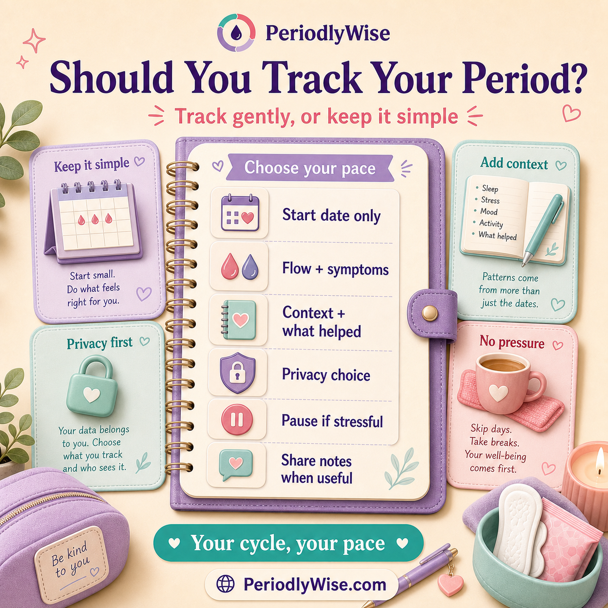 PeriodlyWise visual guide asking should you track your period, with gentle options for start date only, flow and symptoms, context and what helped, privacy choice, pause if tracking feels stressful, and share notes with a clinician when useful