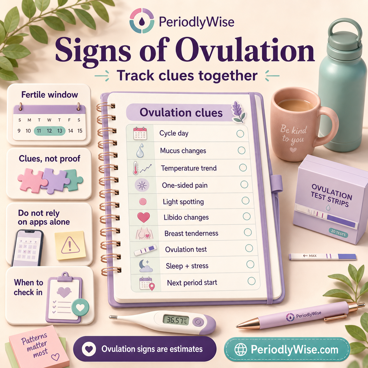 PeriodlyWise infographic about signs of ovulation including cervical mucus, basal body temperature, ovulation pain, spotting, libido, breast tenderness, ovulation tests, fertile window, and what to track