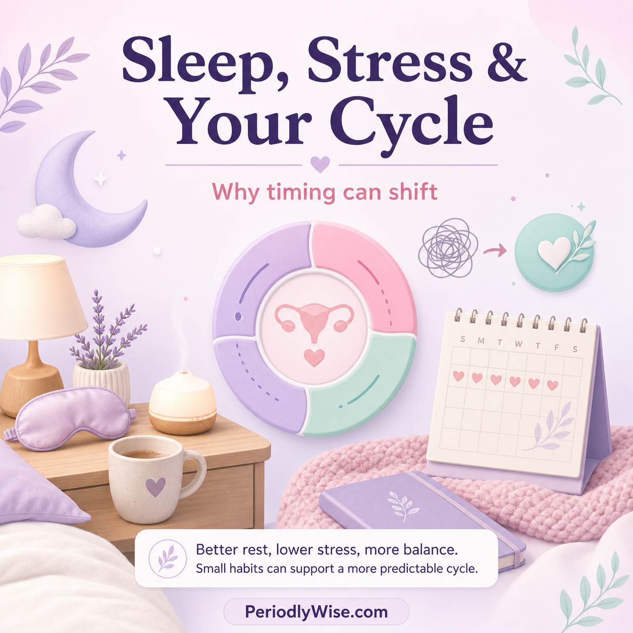 PeriodlyWise illustration about sleep, stress, and menstrual cycle timing with a moon, calendar, and cycle graphic