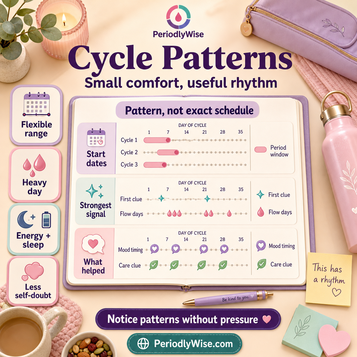 PeriodlyWise infographic about the small comfort of knowing your cycle has a pattern, showing start dates, period window, first clue, flow days, mood timing, energy, sleep, strongest signal, care clue, what helped, and flexible cycle patterns without pressure