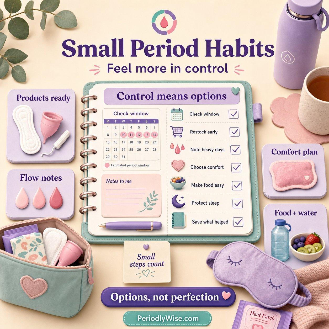 PeriodlyWise infographic titled Small Period Habits showing a habit board with products ready, flow notes, comfort plan, food and water, check window, restock early, note heavy days, choose comfort, make food easy, protect sleep, save what helped, and the reminder that options matter more than perfection