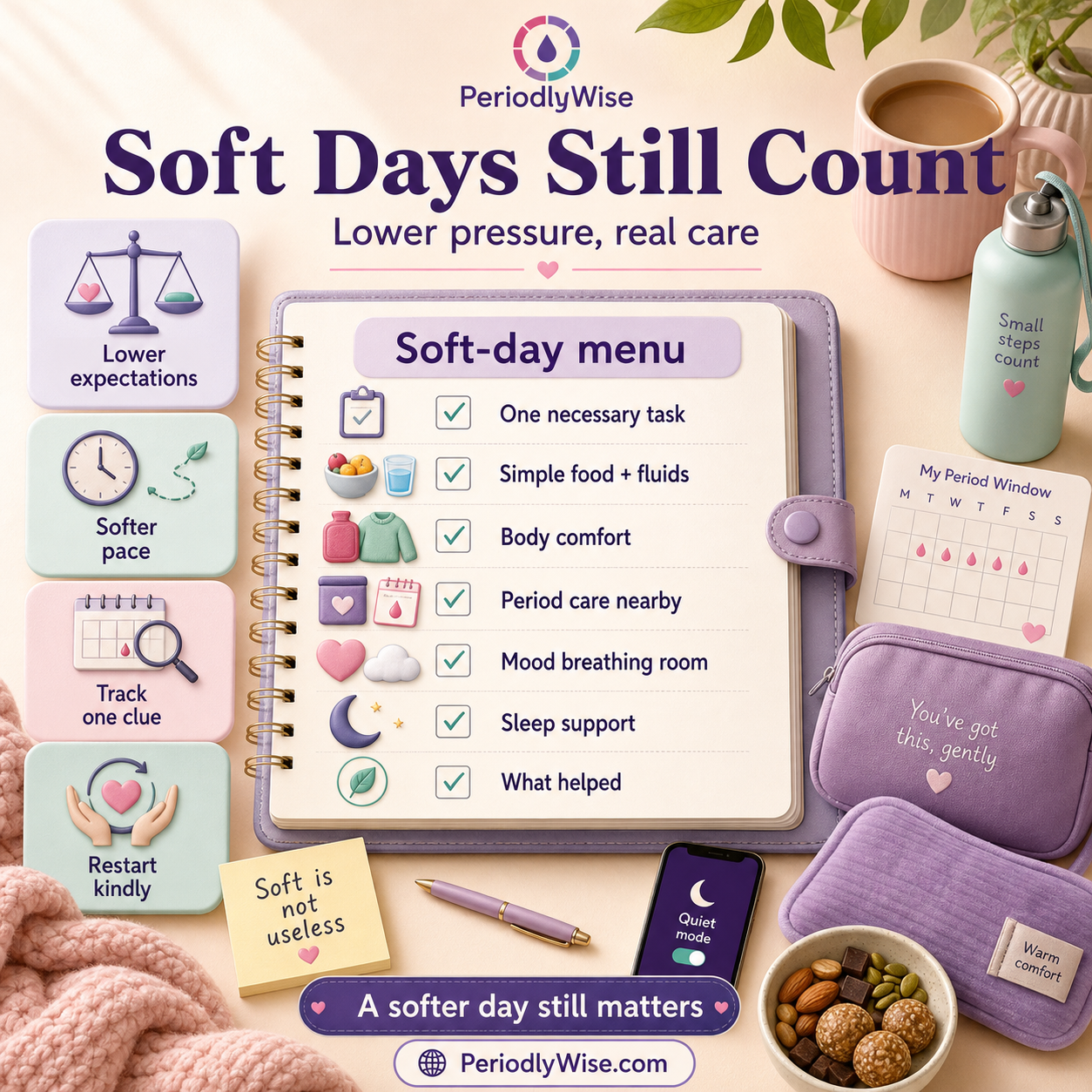 PeriodlyWise infographic about soft days still counting, showing lower-pressure care, energy, mood, sleep, cycle timing, body comfort, and what helped