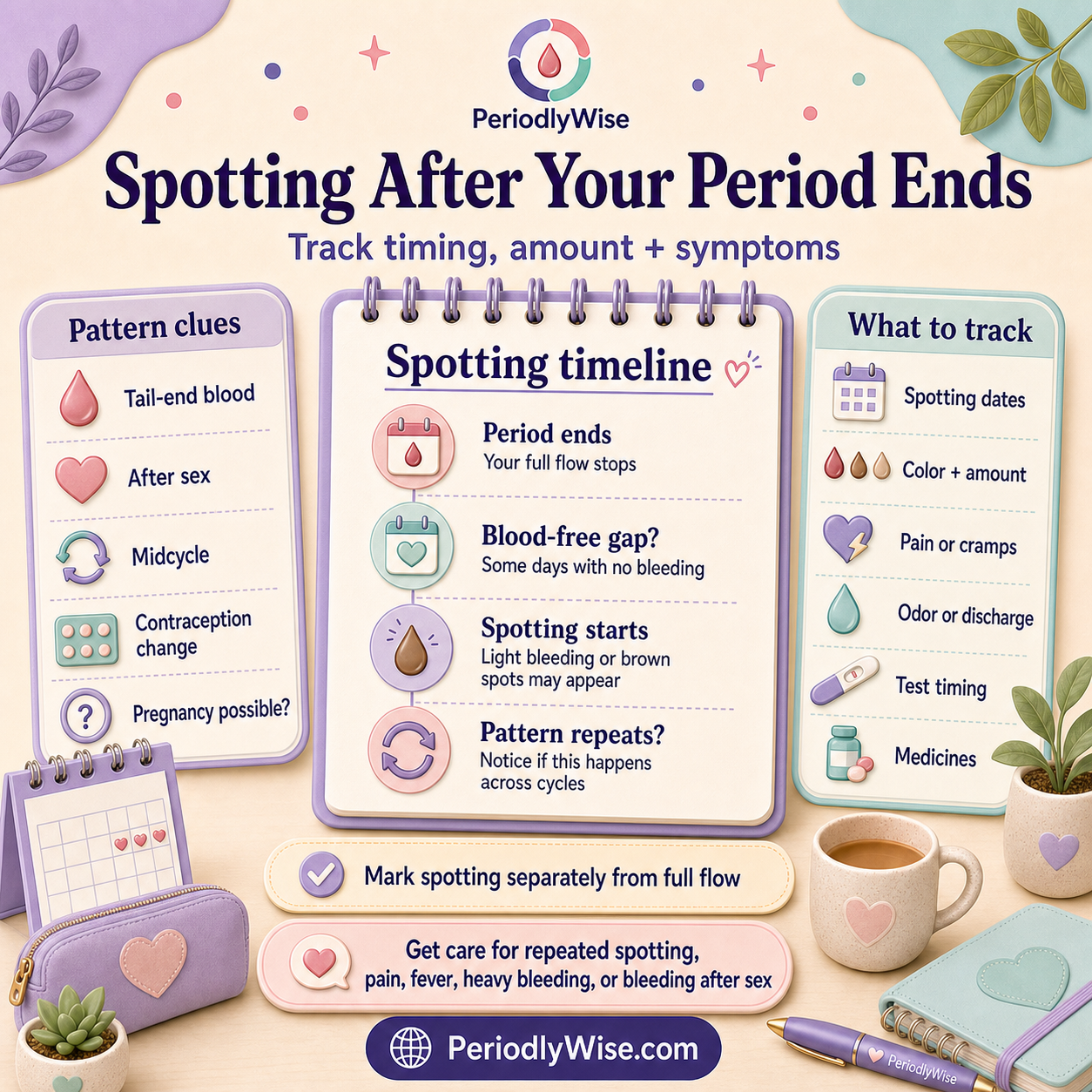 PeriodlyWise infographic about spotting after a period ends, including a blood-free gap, spotting timing, color and amount, pain, discharge, pregnancy possibility, medicines, and repeated patterns