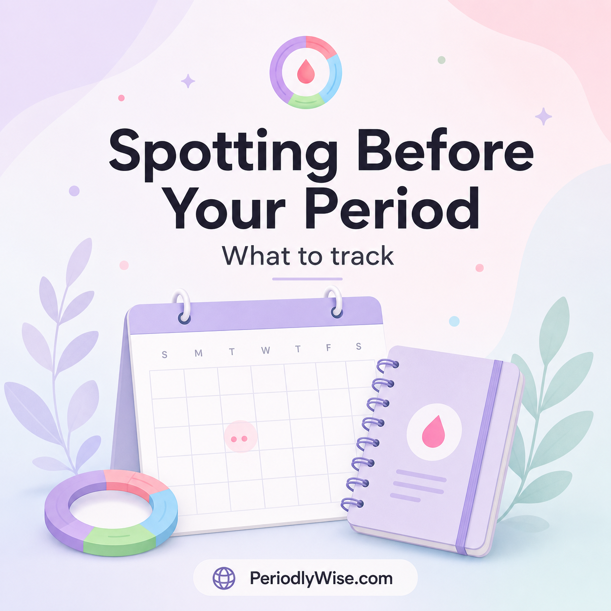 PeriodlyWise illustration about spotting before your period with a calendar, cycle tracker, and notes for tracking light bleeding before a period
