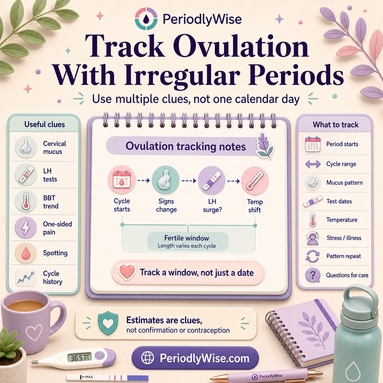 PeriodlyWise visual guide about tracking ovulation with irregular periods using cycle range, cervical mucus, LH tests, basal body temperature, symptoms, sex timing, test windows, and care signs