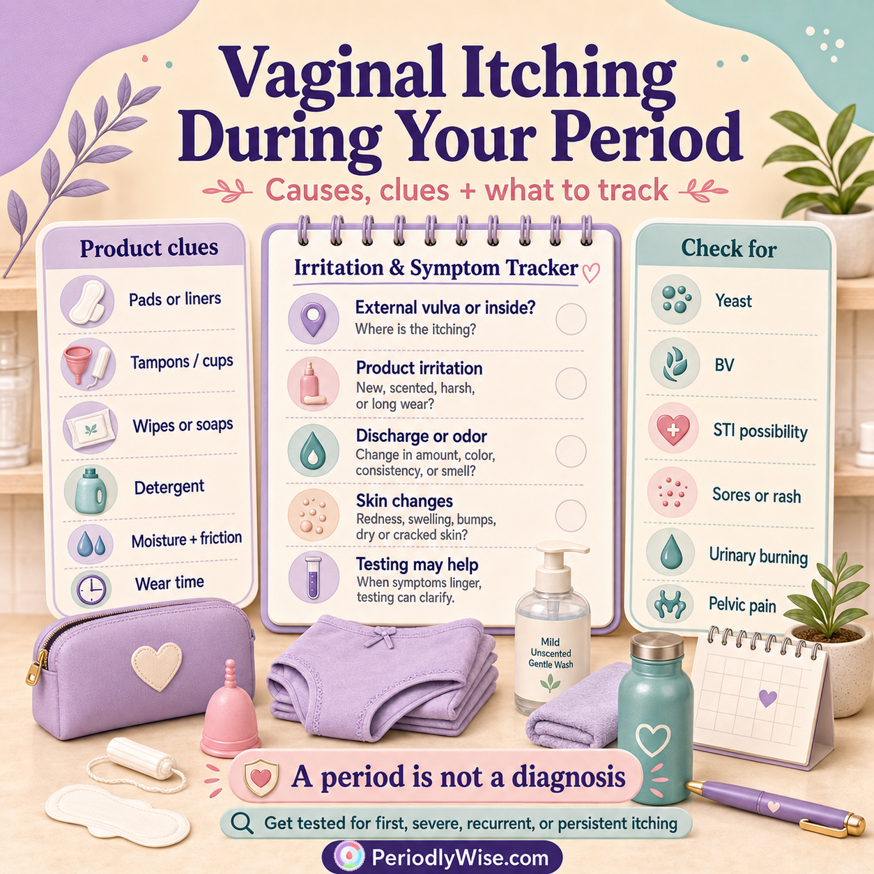 PeriodlyWise visual symptom tracker for vaginal or vulvar itching during a period, including menstrual products, irritation, discharge, odor, skin changes, infection clues, urinary burning, and pelvic pain