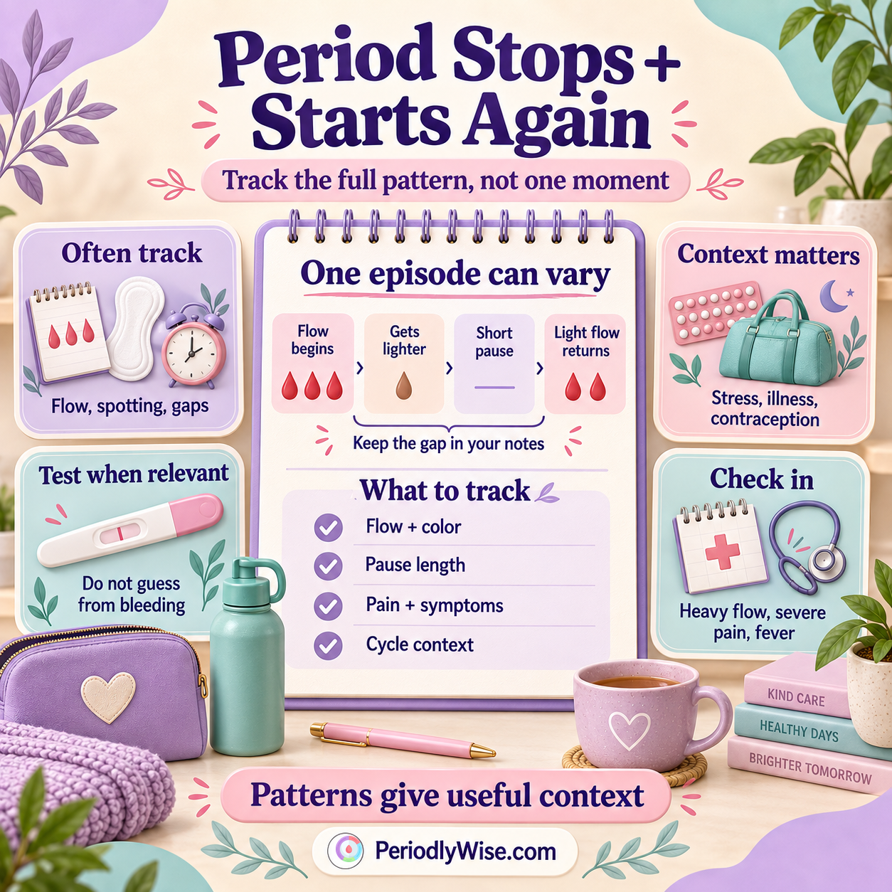 PeriodlyWise infographic showing a period-flow timeline that begins, gets lighter, pauses briefly, and returns, with tracking, pregnancy-test, and urgent-care guidance